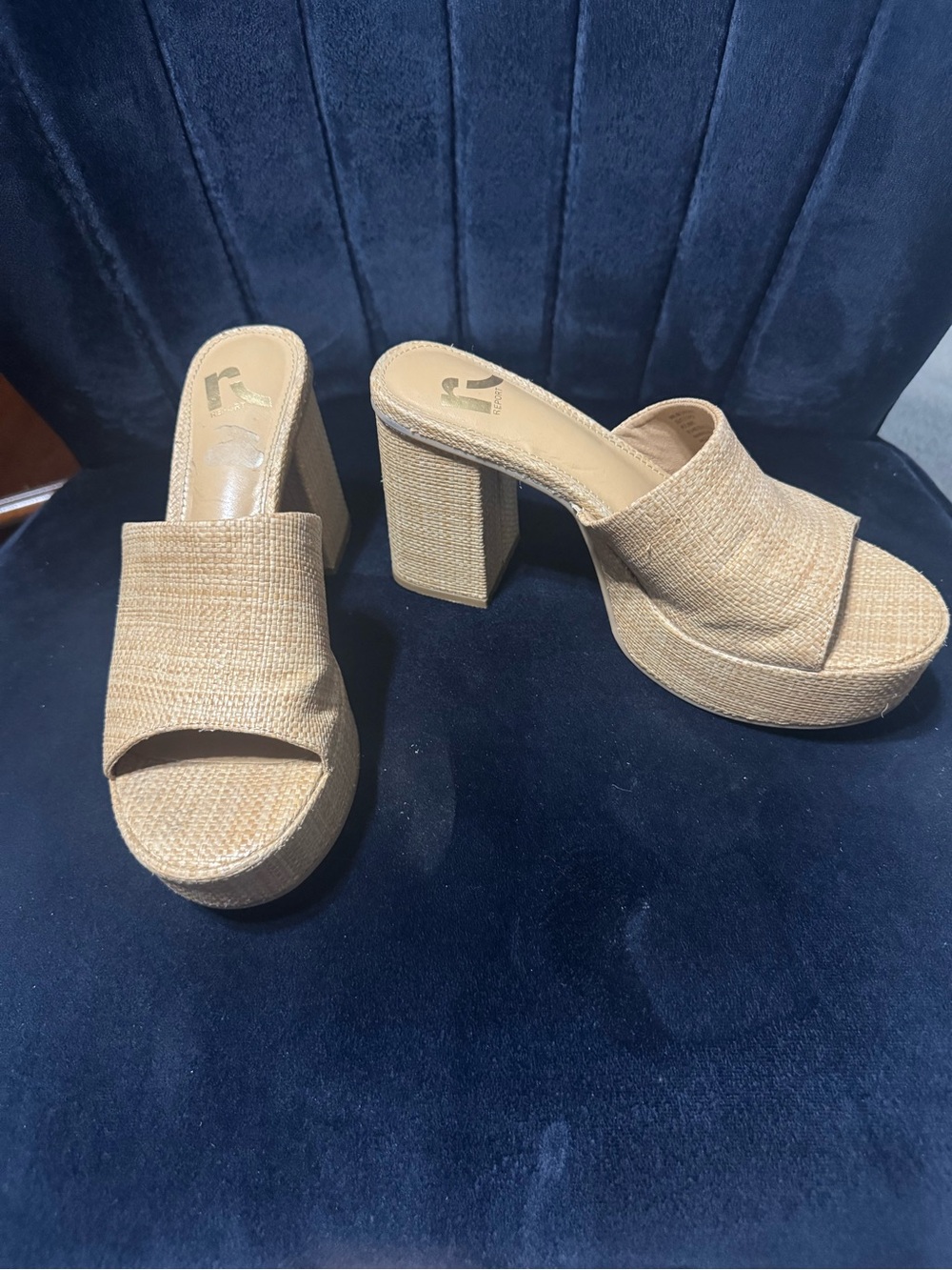 Report Tan Woven Platform Mule Heels
